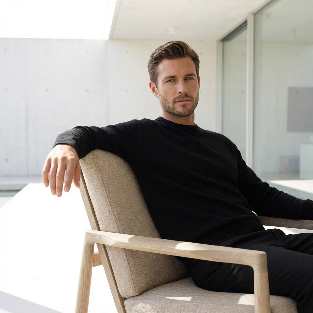 Black Crew Neck Sweater - Black - Side Profile