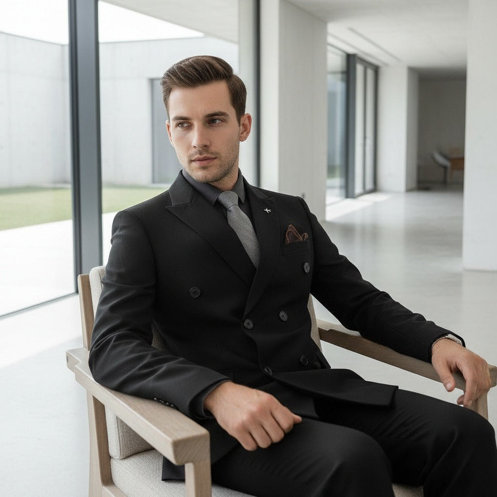 Black Double Breasted Suit - Black - Side Profile
