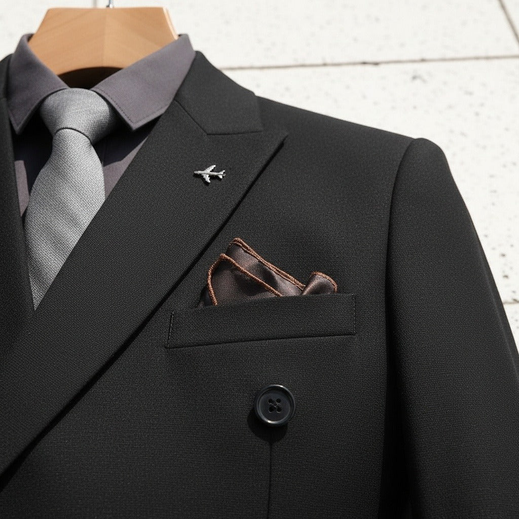 Black Double Breasted Suit - Black - Back View