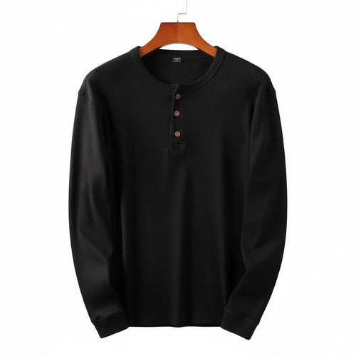 Black Henley T Shirt - Black - Front View