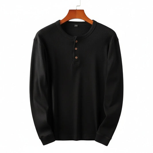 Black Henley T Shirt - Black - Front View