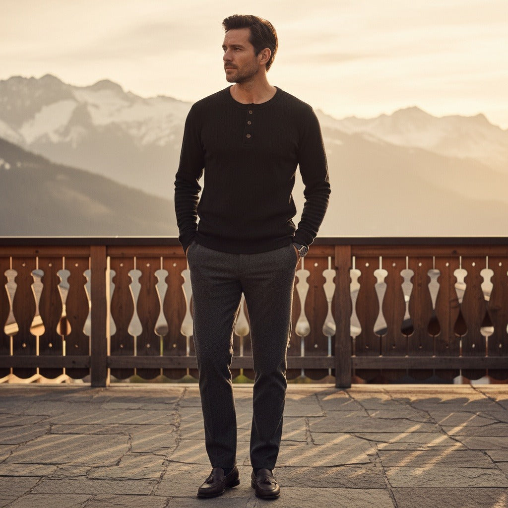 Black Henley T Shirt - Black - Angled Shot