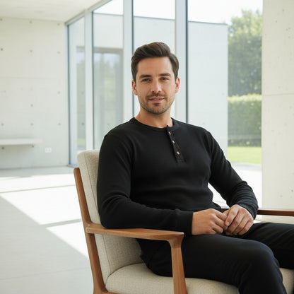 Black Henley T Shirt - Black - Side Profile