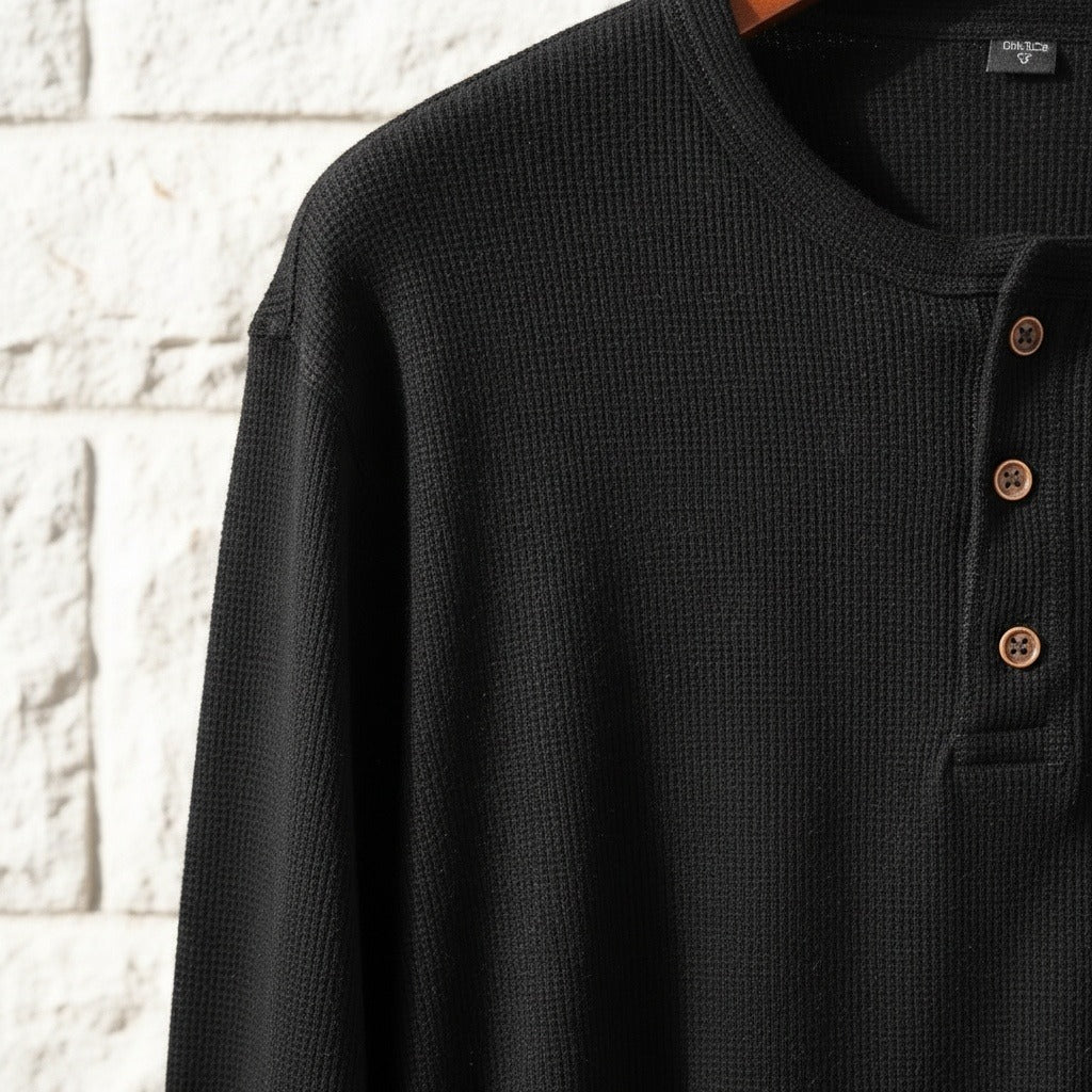 Black Henley T Shirt - Black - Back View