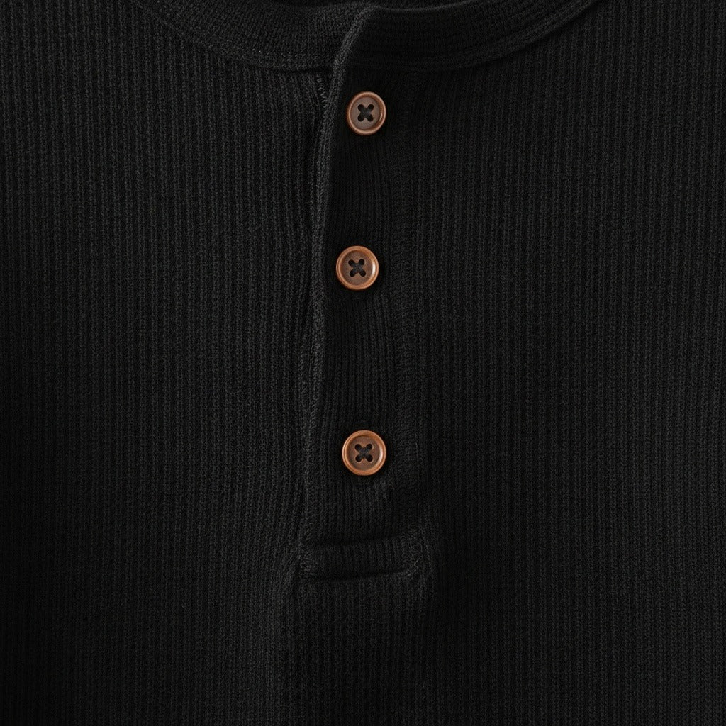 Black Henley T Shirt - Black - Texture Close Up