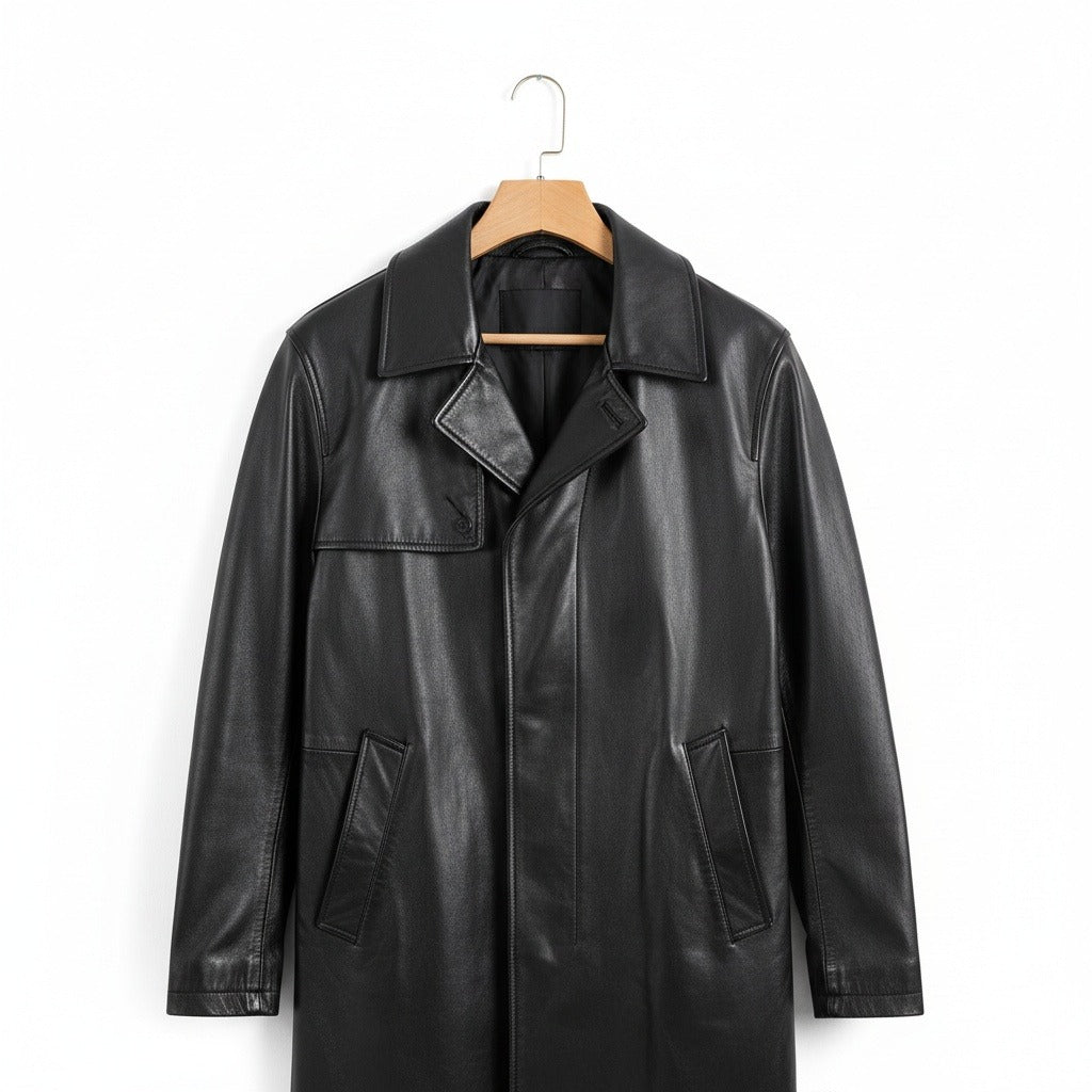 Black Leather Mens Trench Coat - Black - Front View