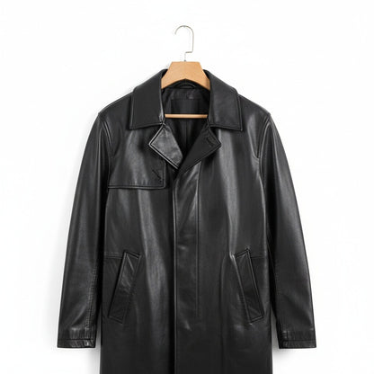 Black Leather Mens Trench Coat - Black - Front View