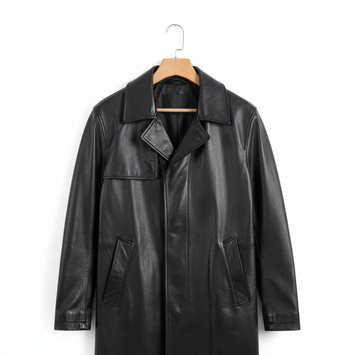 Black Leather Mens Trench Coat - Black - Front View