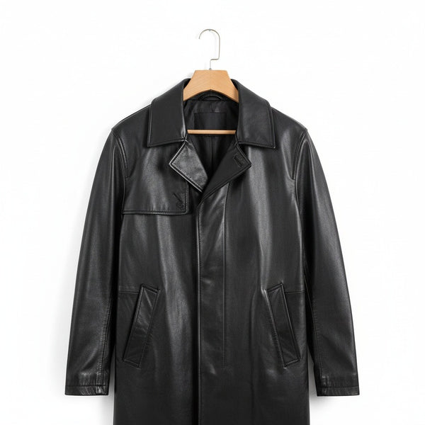 Black Leather Mens Trench Coat - Black - Front View