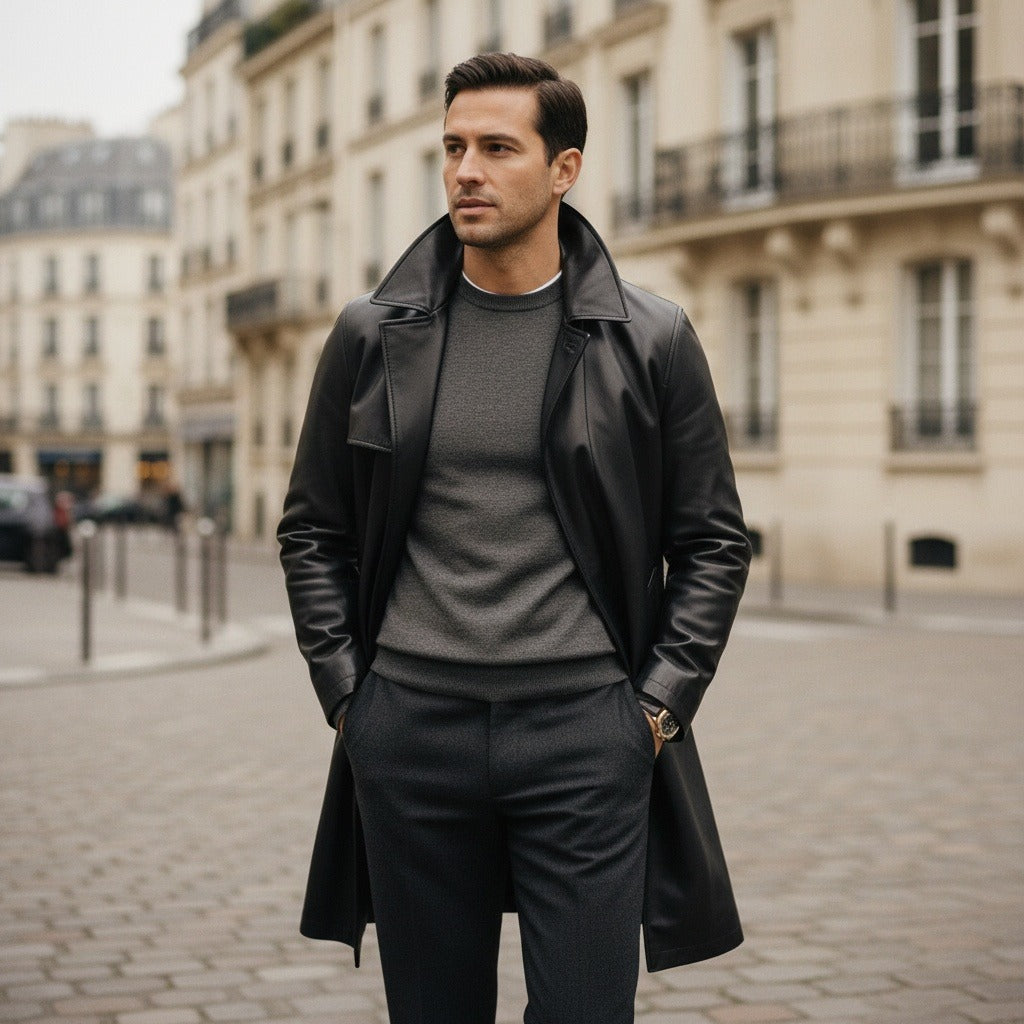 Black Leather Mens Trench Coat - Black - Angled Shot