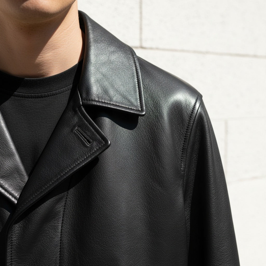 Black Leather Mens Trench Coat - Black - Back View