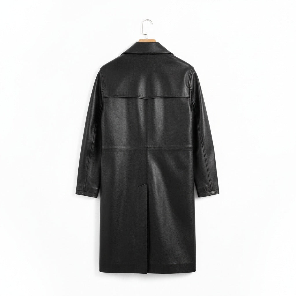Black Leather Mens Trench Coat - Black - Fabric Detail