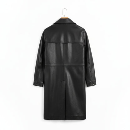 Black Leather Mens Trench Coat - Black - Fabric Detail