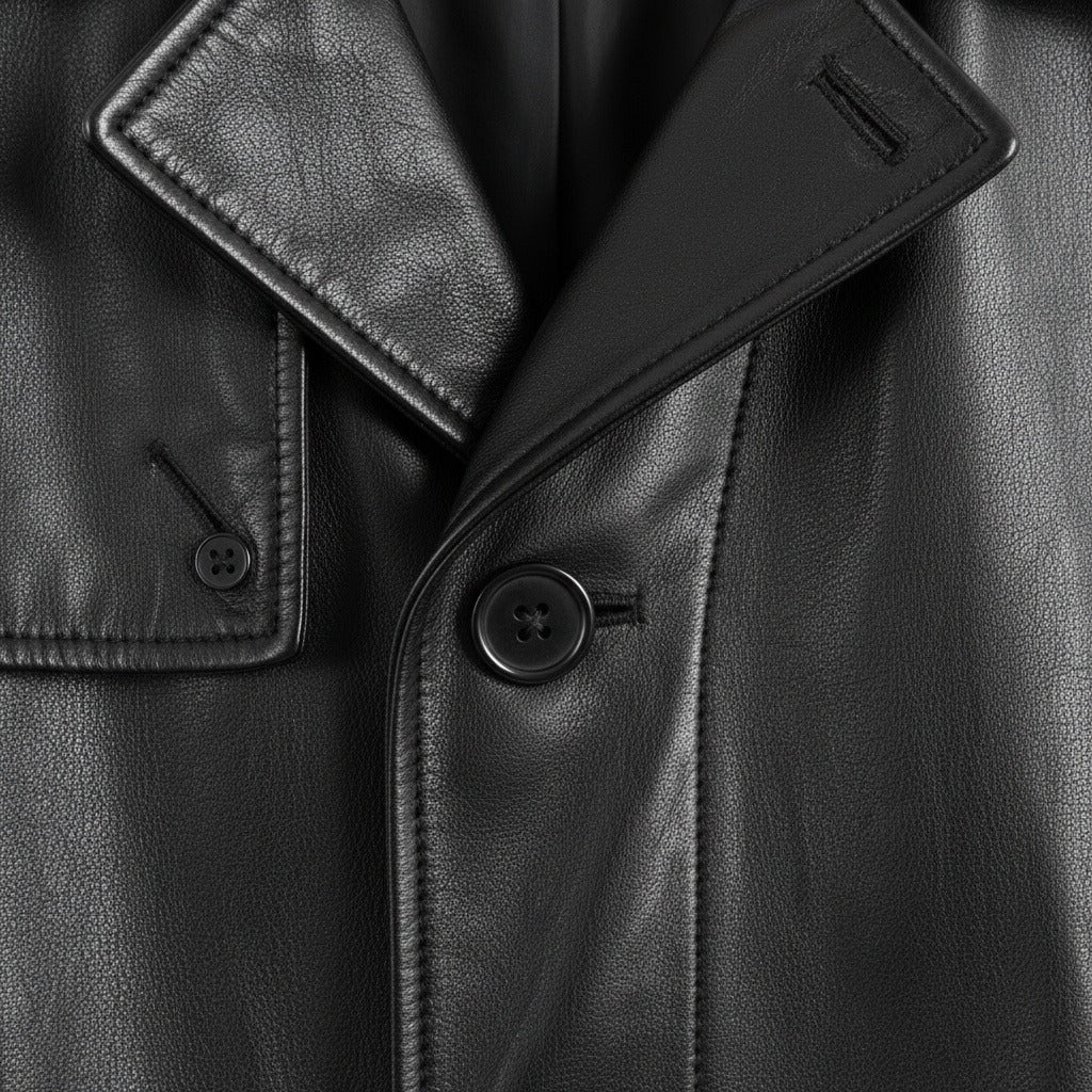 Black Leather Mens Trench Coat - Black - Texture Close Up