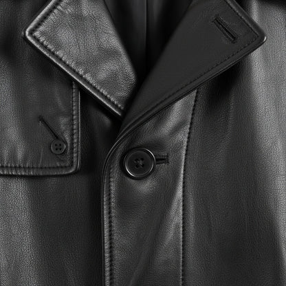 Black Leather Mens Trench Coat - Black - Texture Close Up