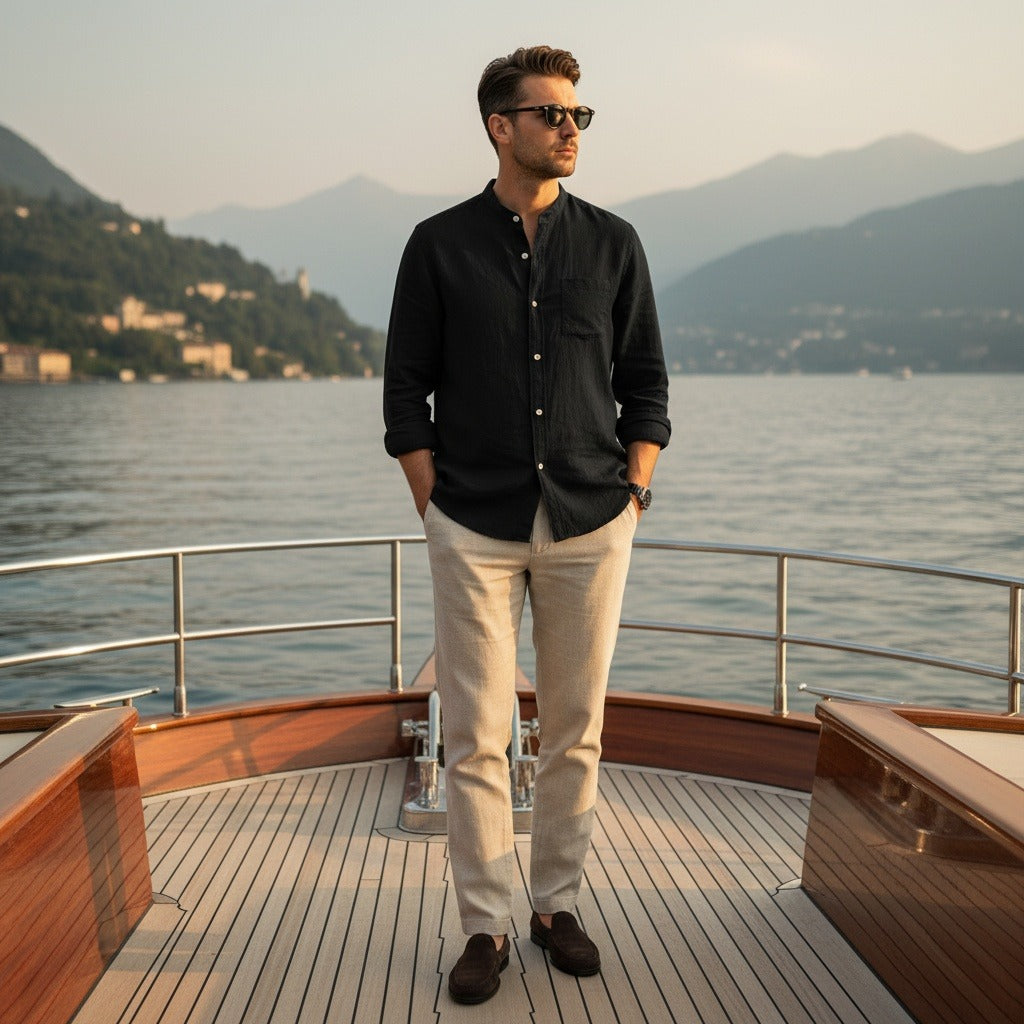 Black Linen Shirt - Black - Angled Shot