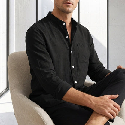 Black Linen Shirt - Black - Side Profile