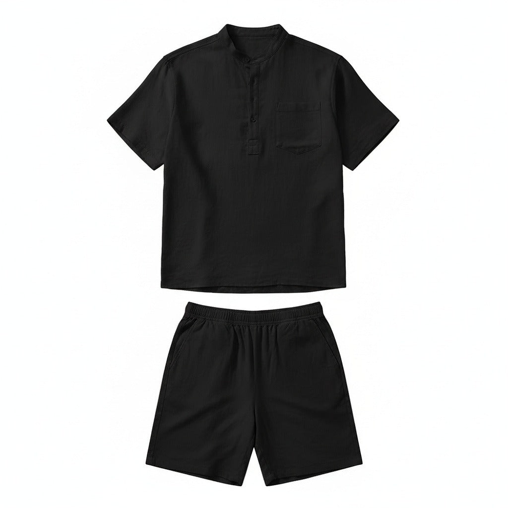 Black Linen Shirt and Shorts Set - Black - Front View