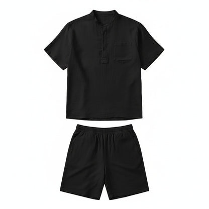 Black Linen Shirt and Shorts Set - Black - Front View