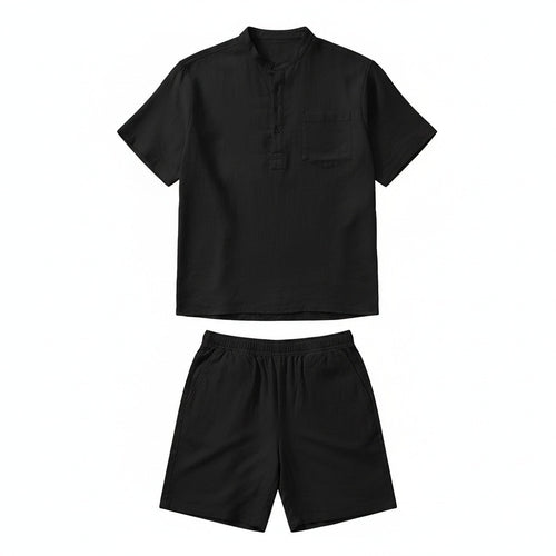 Black Linen Shirt and Shorts Set - Black - Front View