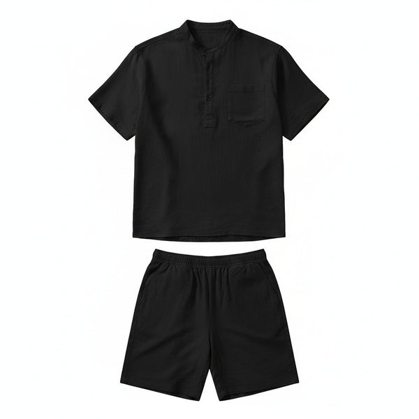 Black Linen Shirt and Shorts Set - Black - Front View