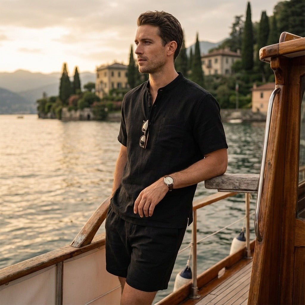 Black Linen Shirt and Shorts Set - Black - Angled Shot