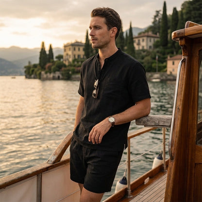 Black Linen Shirt and Shorts Set - Black - Angled Shot