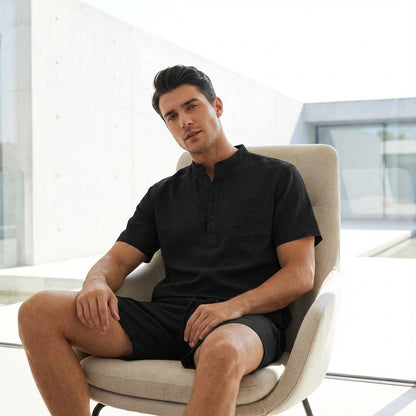 Black Linen Shirt and Shorts Set - Black - Side Profile
