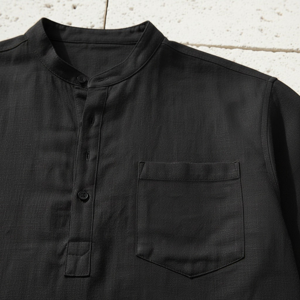 Black Linen Shirt and Shorts Set - Black - Back View