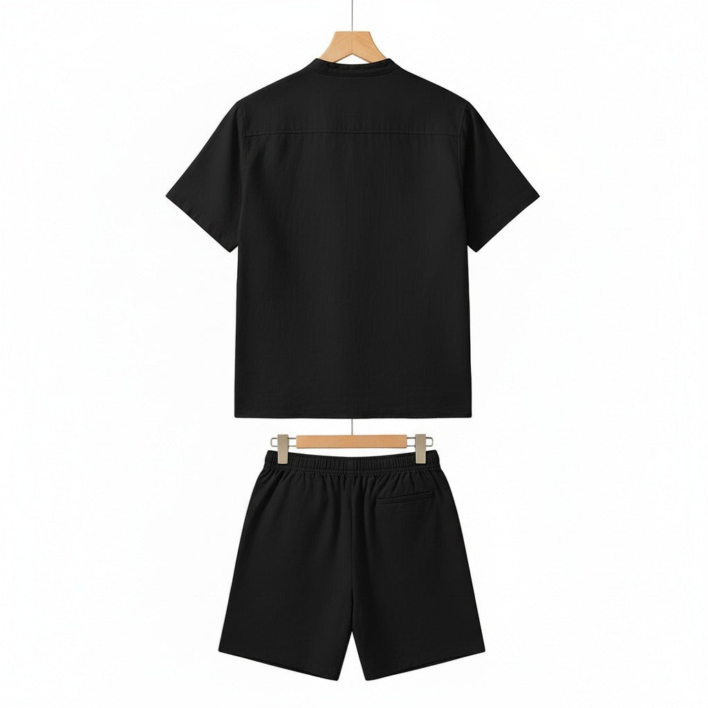 Black Linen Shirt and Shorts Set - Black - Fabric Detail