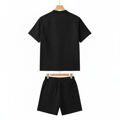 Black Linen Shirt and Shorts Set - Black - Fabric Detail