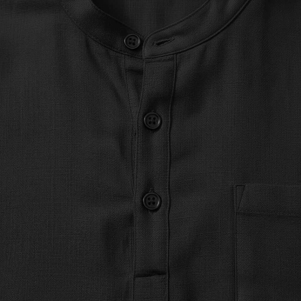 Black Linen Shirt and Shorts Set - Black - Texture Close Up