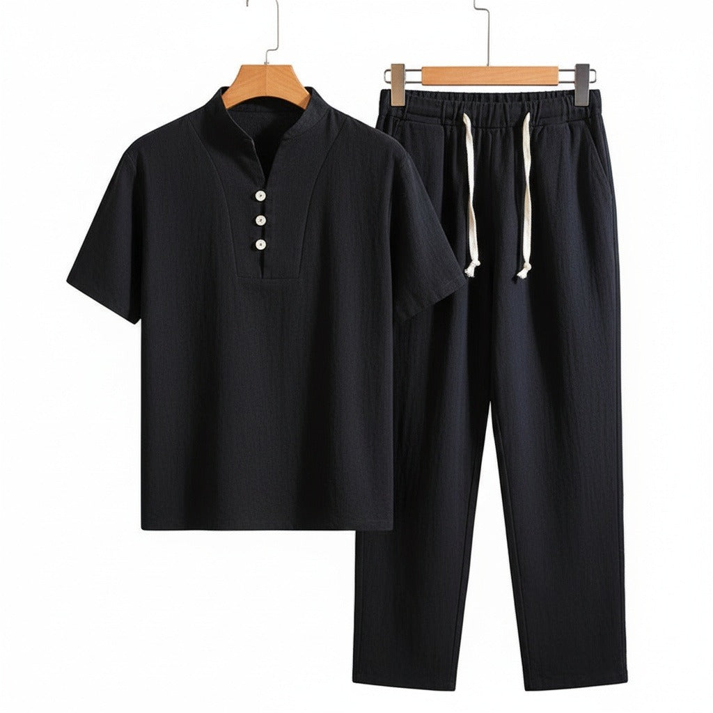 Black Linen Summer Set Men - Black - Front View