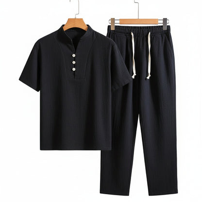 Black Linen Summer Set Men - Black - Front View