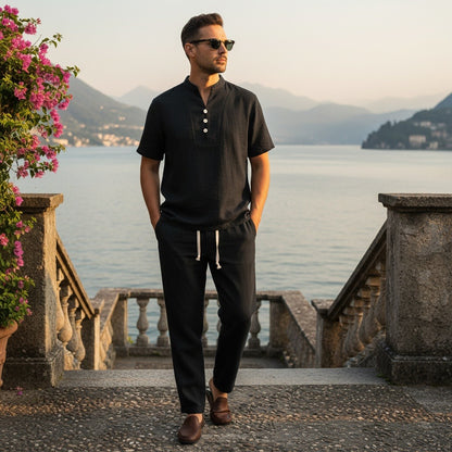 Black Linen Summer Set Men - Black - Angled Shot