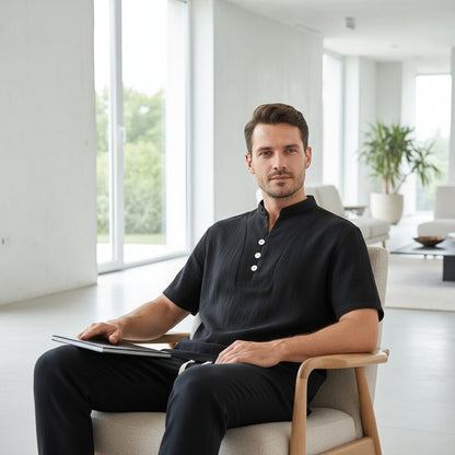 Black Linen Summer Set Men - Black - Side Profile