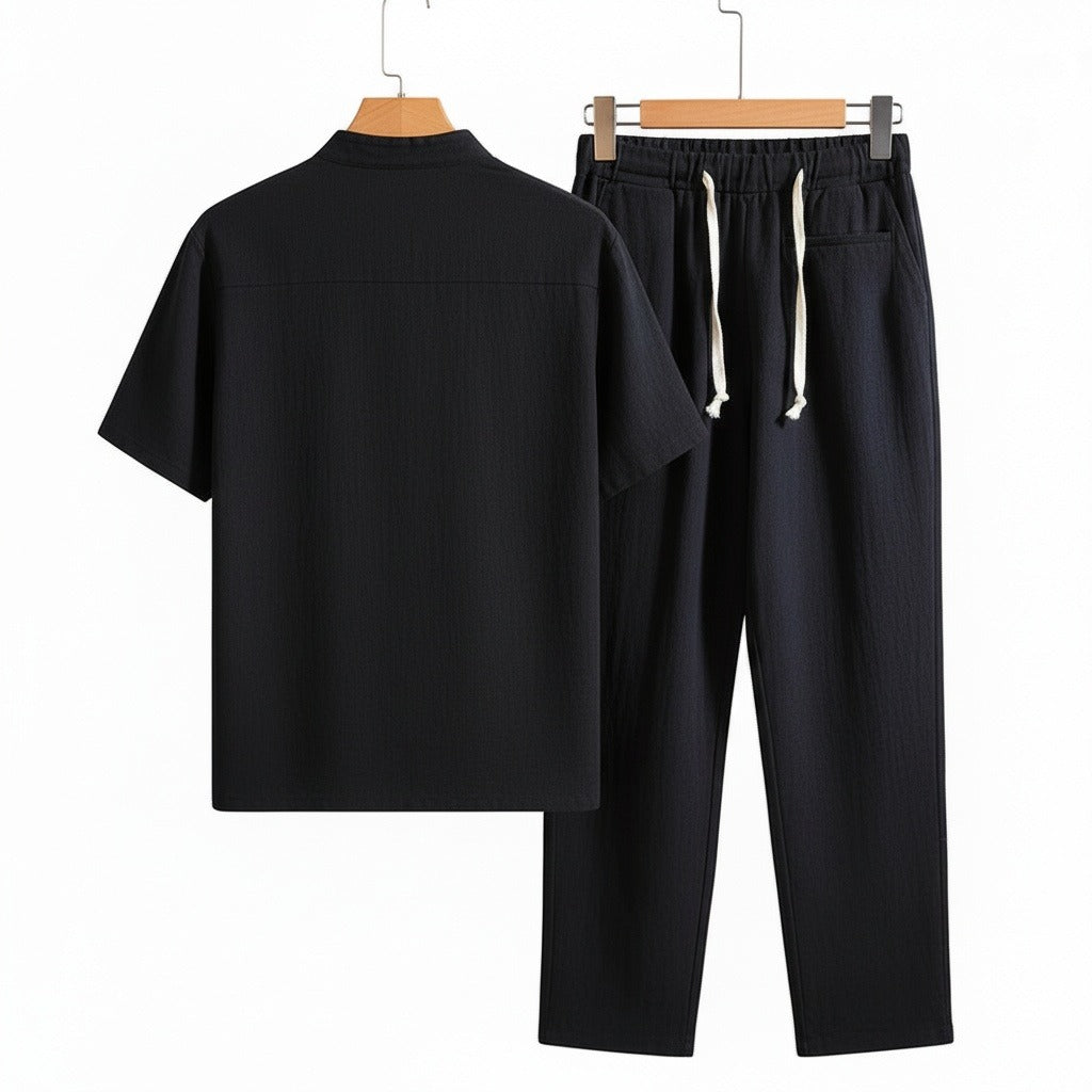 Black Linen Summer Set Men - Black - Fabric Detail