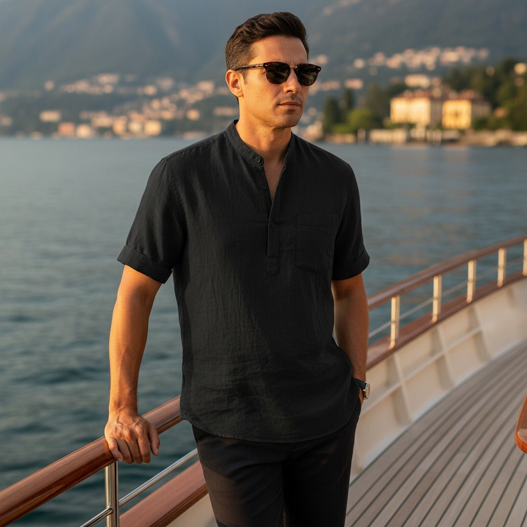 Black Linen T Shirt - Black - Angled Shot