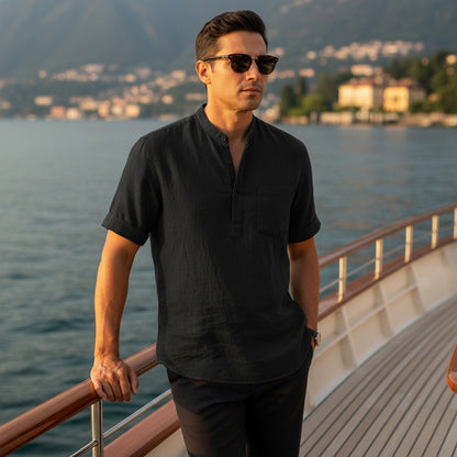 Black Linen T Shirt - Black - Angled Shot
