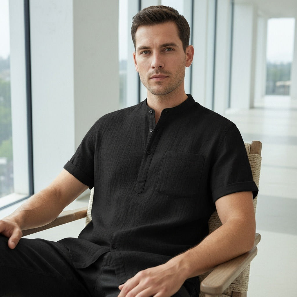 Black Linen T Shirt - Black - Side Profile