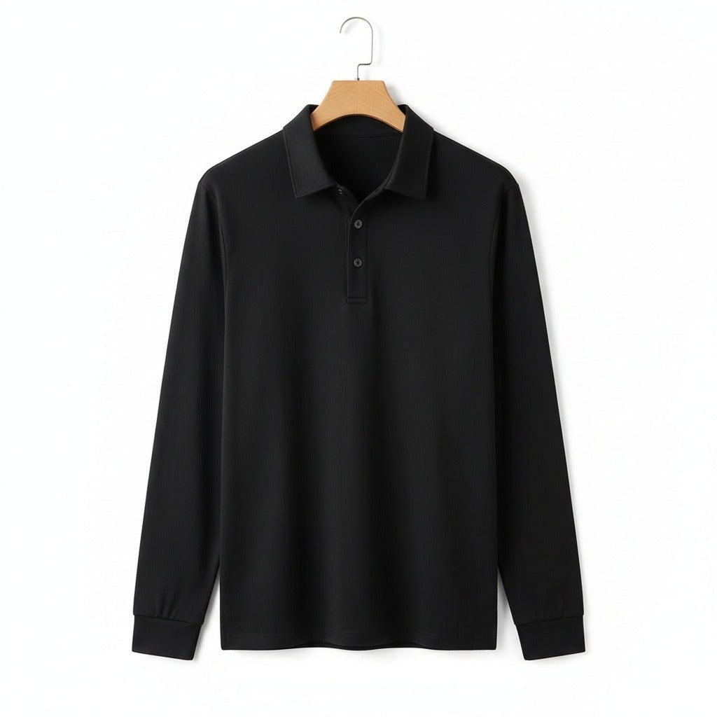 Black Long Sleeve Polo Shirt - Black - Front View