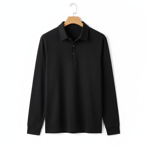 Black Long Sleeve Polo Shirt - Black - Front View