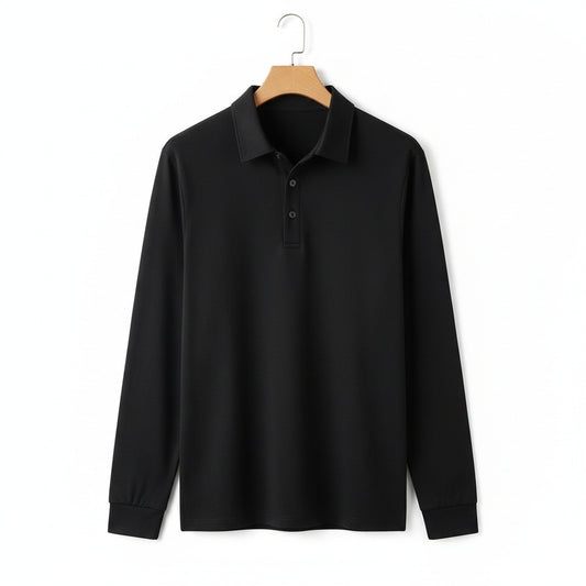 Black Long Sleeve Polo Shirt - Black - Front View