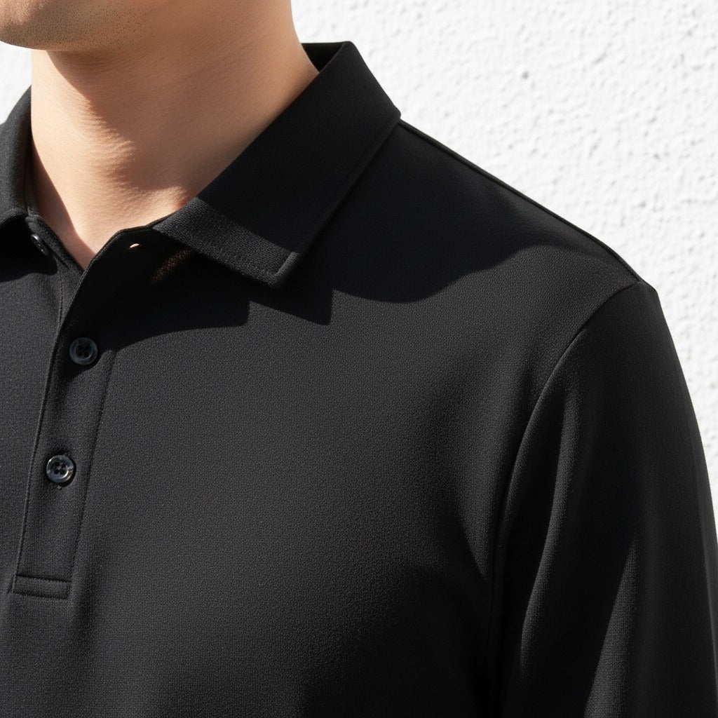 Black Long Sleeve Polo Shirt - Black - Back View