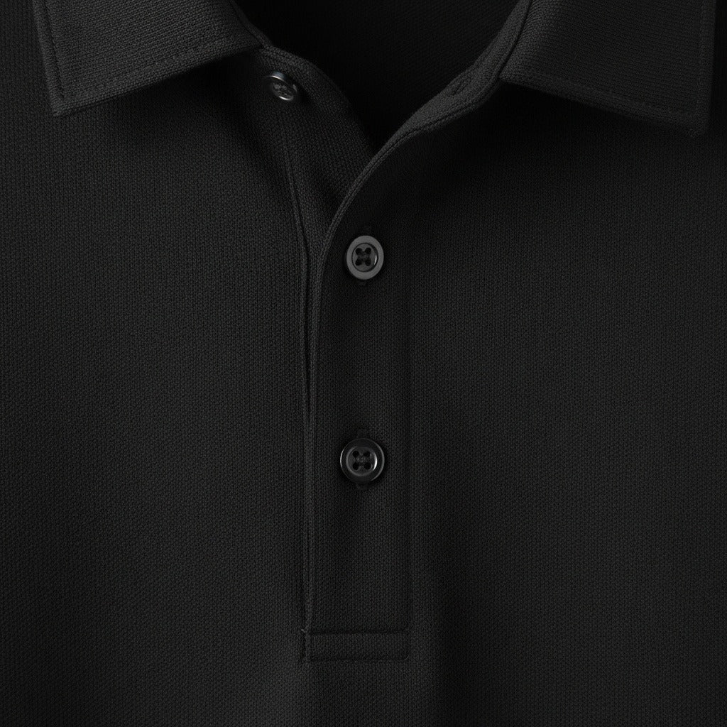Black Long Sleeve Polo Shirt - Black - Texture Close Up