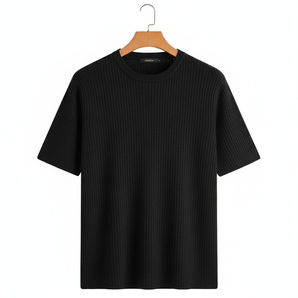 Black Ribbed T Shirt - Black - Front View