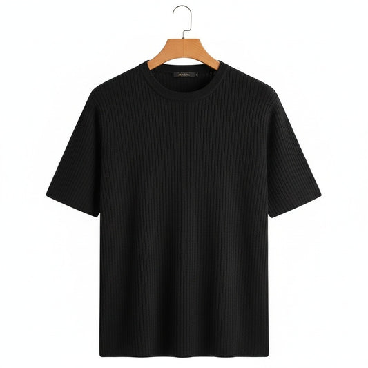 Black Ribbed T Shirt - Black - Front View