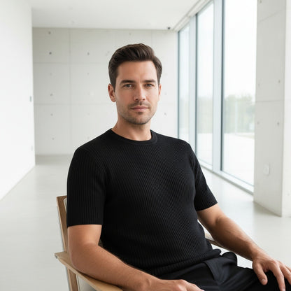 Black Ribbed T Shirt - Black - Side Profile