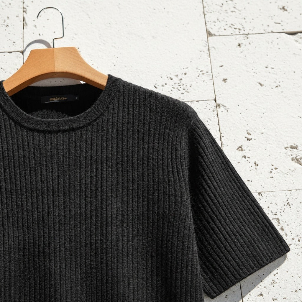 Black Ribbed T Shirt - Black - Back View