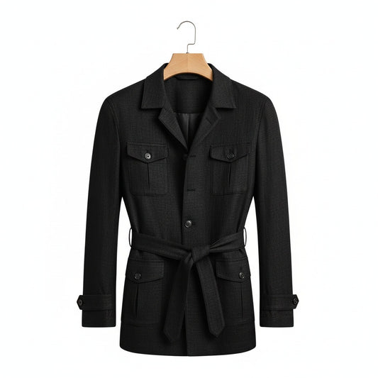 Black Safari Jacket Mens - Black - Front View